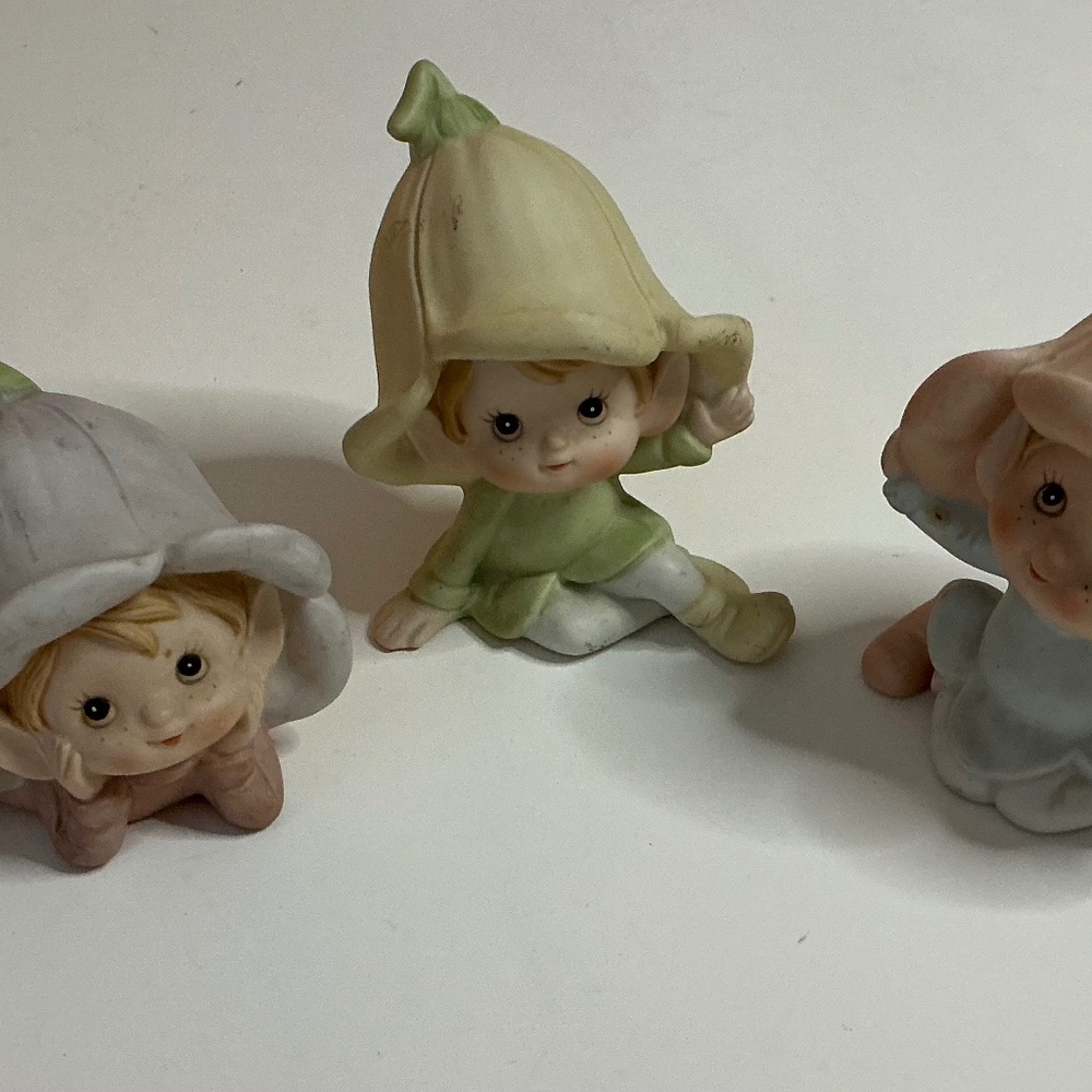 Homeco vintage  3 garden pixies flower hats ceramic figurines